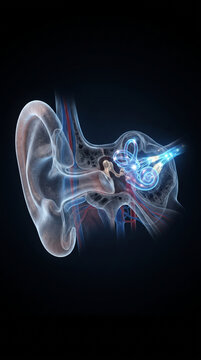 Detailed 3D Medical Illustration of Human Ear Anatomy and Hearing System