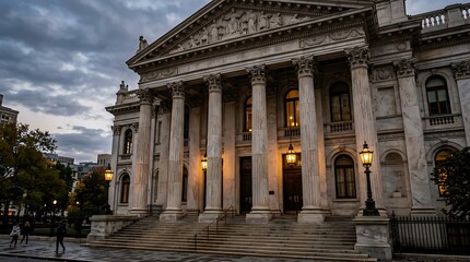 Fototapeta premium Neoclassical government building with columns at dusk.