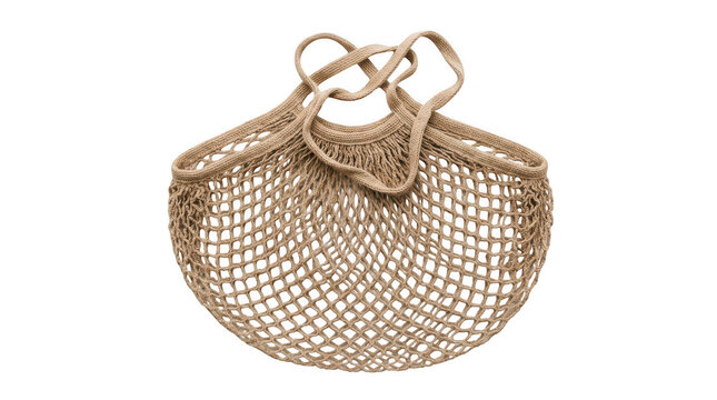 Eco-friendly reusable string shopping bag, beige cotton mesh grocery tote for zero waste lifestyle, sustainable woven net bag isolated on transparent background