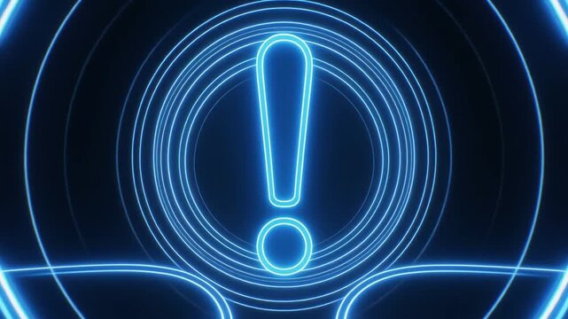Neon blue exclamation mark with concentric rings on dark background, symbolizing alertness, urgency, and digital attention.