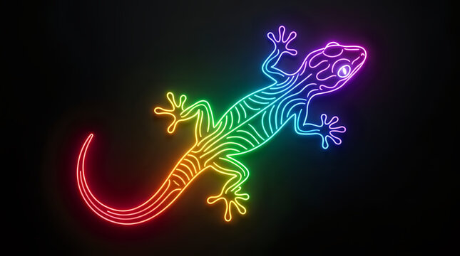 Multi-colored rainbow neon line art of a gecko lizard with colorful spectrum gradient