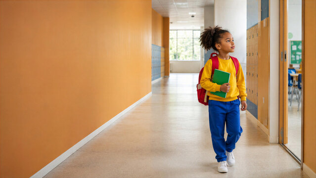 Black schoolgirl wearing a red backpack and carrying a green book while walking through a bright elementary school hallway with lockers, classroom entrance and copy space on the left