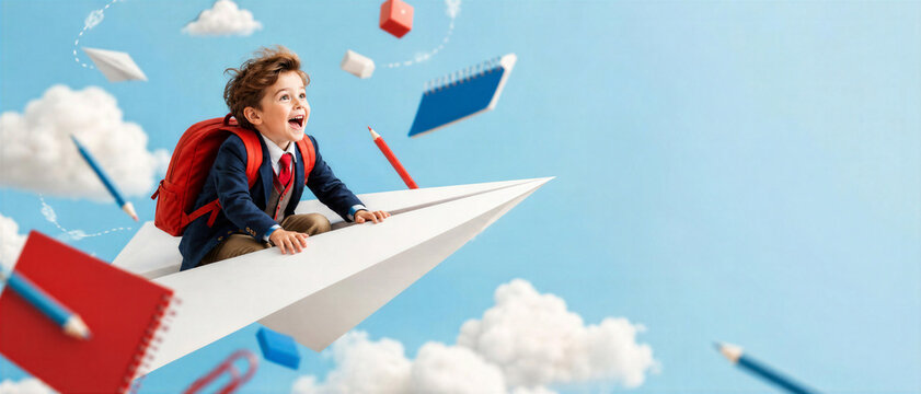 Happy schoolboy with a red backpack rides a paper airplane through a blue sky surrounded by floating notebooks, pencils and erasers, with clouds and copy space for back to school design