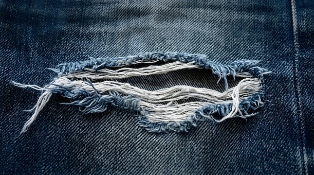 Detail Tekstur Kain Denim Jeans Biru dengan Efek Robek dan Serat Benang Putih