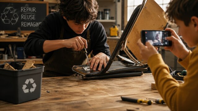 two boys in a workshop repairing an old wooden chair while one records the process on a smartphone, with tools, recycling bin and repair reuse reimagine message displayed in the background