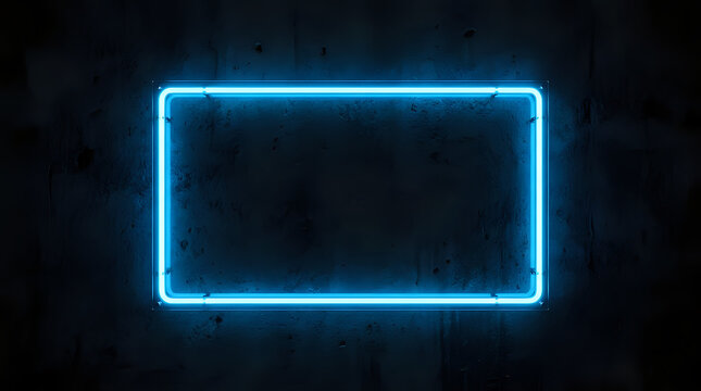 Empty rectangular neon light frame glowing blue on dark concrete texture with rectangle