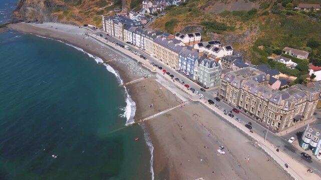 Aberystwyth seafront victorian buildings beach and hill aerial view