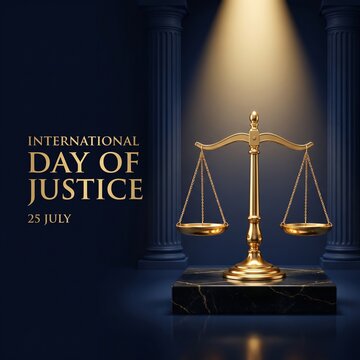 International day of justice 25 july celebration with golden scales of justice on marble pedestal against dark architectural pillars