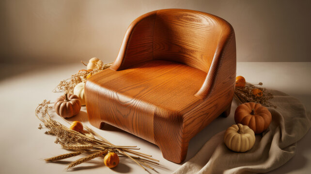 Modern Minimalist Wooden Armchair Decorated with Seasonal Pumpkins and Dried Wheat for a Festive Autumn Interior Display