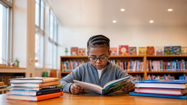 school boy wearing glasses reading a colorful book at a wooden library desk between stacks of books