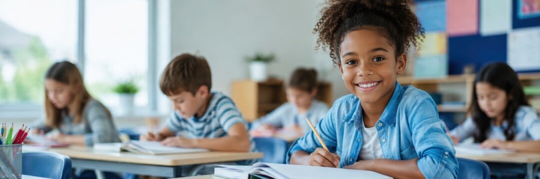 school girl writing with pencil and smiling at camera while classmates study in a bright classroom