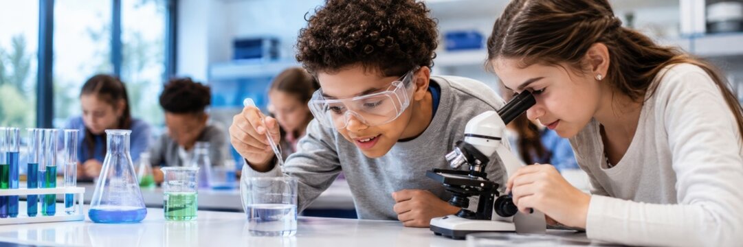 Diverse school students conduct a science experiment in a modern laboratory, using a microscope, pipette, test tubes and glassware while working together at a lab table during class