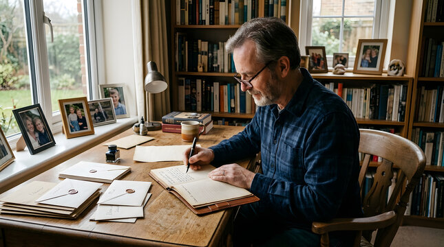 Focused man thoughtfully writes a letter by hand at a classic wooden desk in his home study, surrounded by books and family photos, embodying the art of personal communication