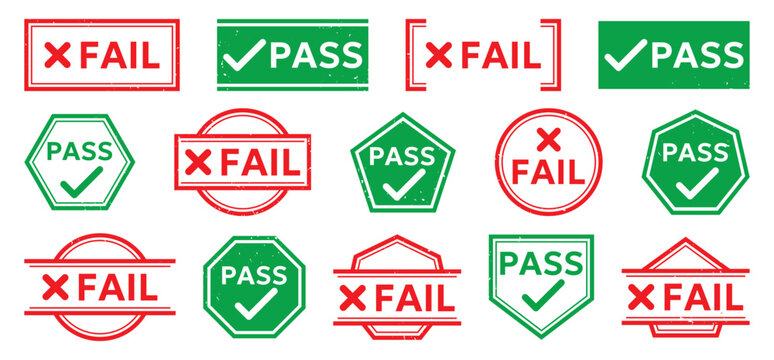 Pass and fail stamp collection featuring approval and rejection labels with check marks and cross symbols for testing, inspection and quality control documents