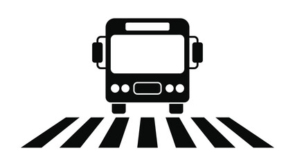 Silhouette illustration of front-facing bus above pedestrian crosswalk, symbolizing public transportation, school commute, bus stop, and transit zone themes in minimalist artwork © Clipzax