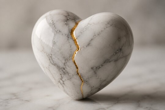 A marble heart sculpture with a crack mended by a sharp inlaid gold line.
