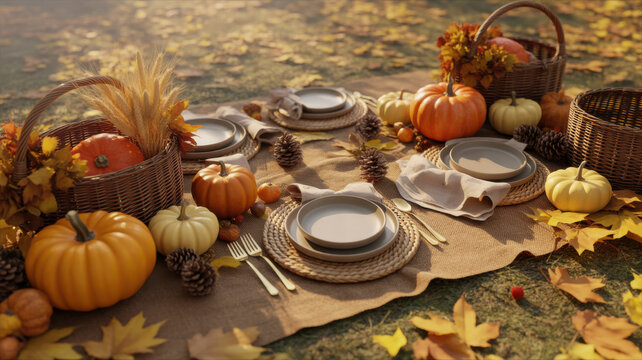 Autumn Harvest Picnic Setup with Pumpkins and Tableware on a Rustic Outdoor Blanket for Thanksgiving Day Celebration