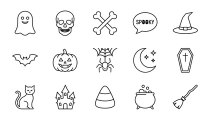 Fototapeta premium Set of 15 black outline halloween icons including ghost skull crossbones spooky speech bubble witch hat bat pumpkin web cat and castle with halloween