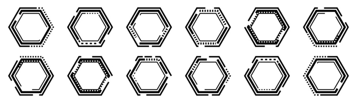 Hexagonal technology frame collection featuring futuristic geometric outlines for interface design, dashboards, gaming overlays and digital graphics