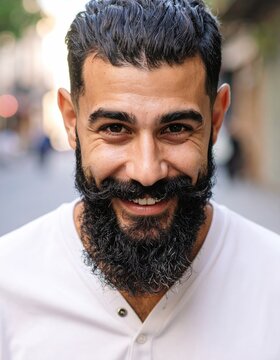 Portrait of a happy smiling man with a thick beard and styled mustache looking directly at the camera outdoors.