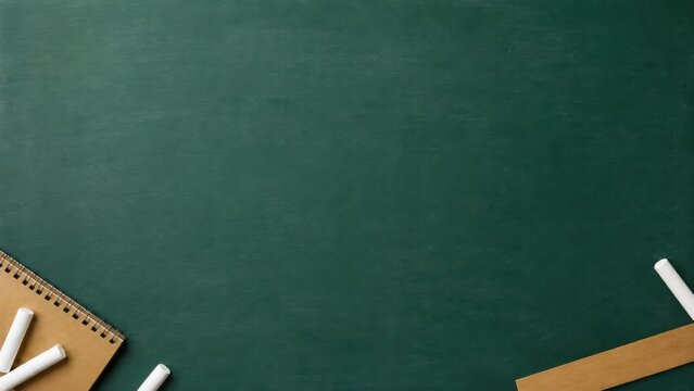 empty green chalkboard with spiral notebook, white chalk and wooden ruler arranged in bottom corners