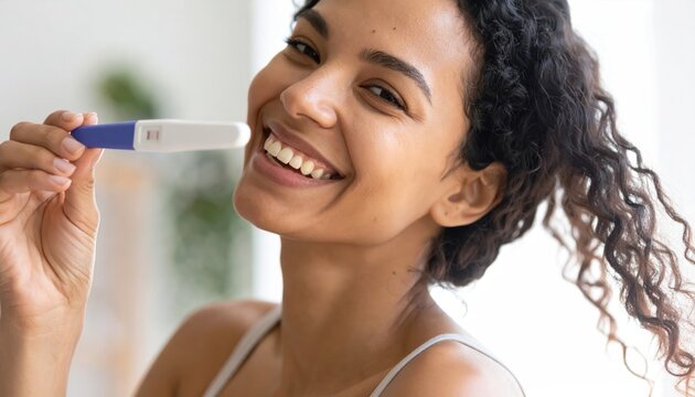 Happy young woman smiles broadly holding a positive pregnancy test result
