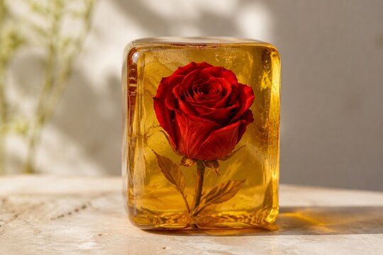 A vibrant red rose is perfectly preserved within a clear block of golden amber.