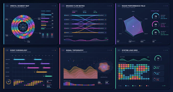 Futuristic analytics dashboard displaying radial charts, flow mapping, radar metrics, timelines, and system load.