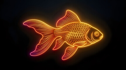 Fototapeta premium Gold fish outline illustration made of glowing neon light lines on dark background