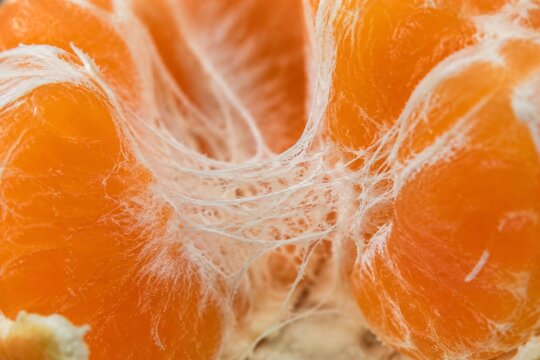 Macro detail of a peeled citrus fruit showing its white fibrous network.