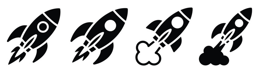 Four Black Rocket Ship Icons Different Launch Stages for Space Travel Startup Innovation and Technology Design Vector © Mizu Ahmed