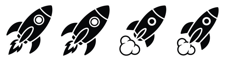 Four Black Rocket Ship Icons Various Flight Stages for Aerospace Travel Innovation Development and Modern Graphic Design Vector © Mizu Ahmed