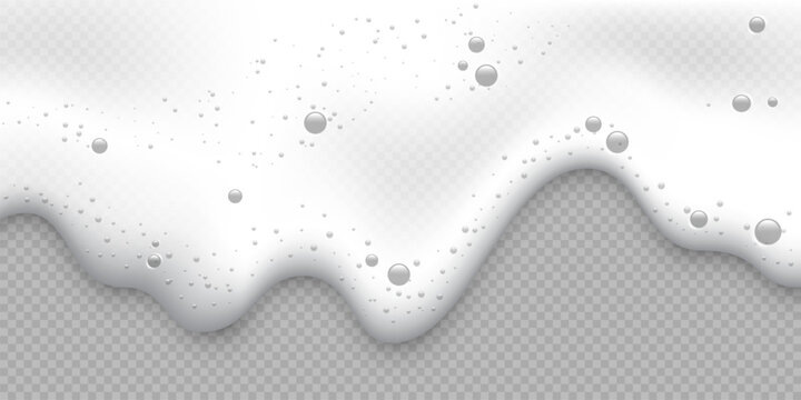 White foam background. Foam of beer or fizzy drink, suds of shampoo, detergent, cleaning gel. Realistic illustration isolated on transparent background.