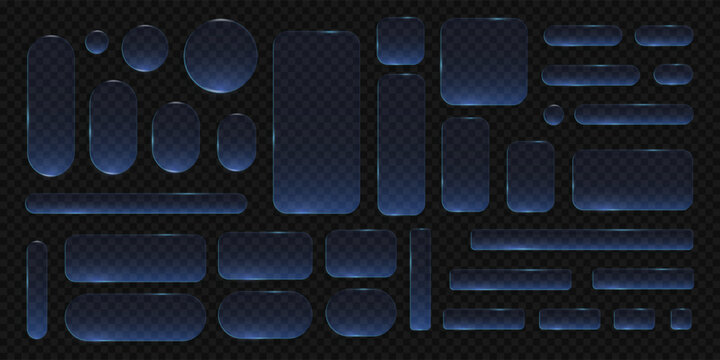 Blue transparent glass buttons set. Liquid glass design elements with morphism effect. Modern digital interface icons for web and app design with rounded frame and subtle shadow. Vector illustration.