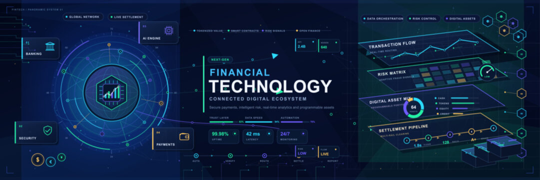 Futuristic fintech dashboard with banking, payments, security, analytics, and digital asset interfaces.