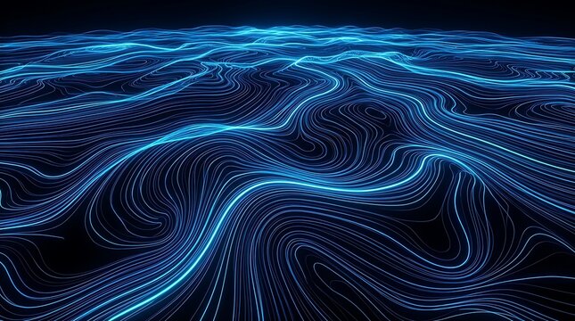 Abstract flowing neon light trails in dark motion blur. Dynamic glowing blue energy waves for futuristic digital backgrounds.