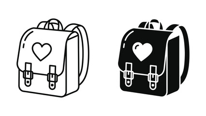 Stylized backpack icon set with black outline and filled version featuring heart symbol, minimalist design representing school, education, travel, and student lifestyle themes © Clipzax