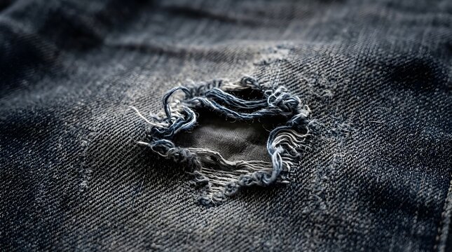 Tekstur Kain Jeans Denim Hitam Biru Tua dengan Detail Lubang Robek Melingkar