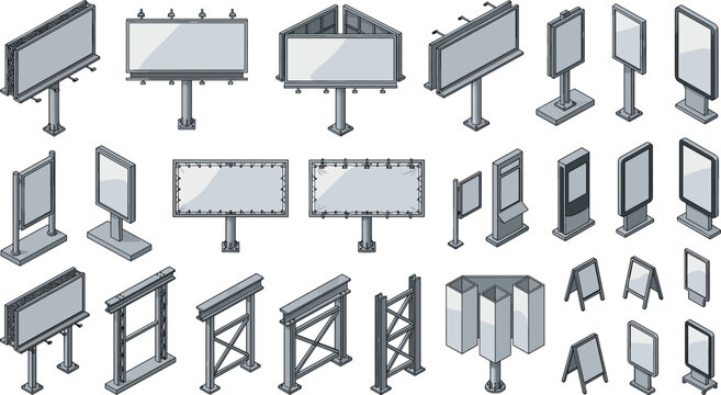 Isometric Billboard and Outdoor Advertising Mockup Element Set with Blank City Street Lightboxes Totems and Signboards for Marketing and Promotion Media Displays