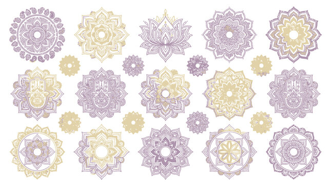 Set of Mandala Designs, Lotus & Hamsa Hand Illustrations