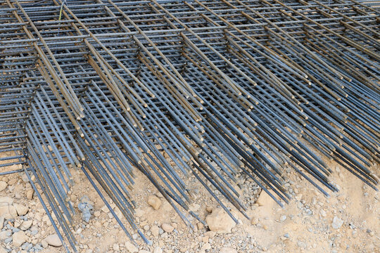 Close-up of metal reinforcement used in the construction of reinforced concrete structures.