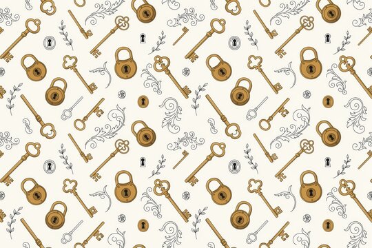 Seamless pattern featuring antique skeleton keys, ornate padlocks, and decorative floral swirls on a light cream background, for wallpaper