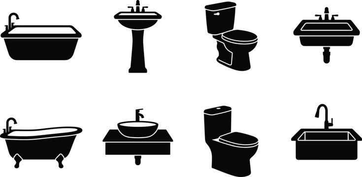Black bathroom fixtures vector silhouette bundle featuring bathtubs, toilets, and modern washbasins for interior d bathroom fixtures vector silhouette bundle featuring bathtubs, toilets, 