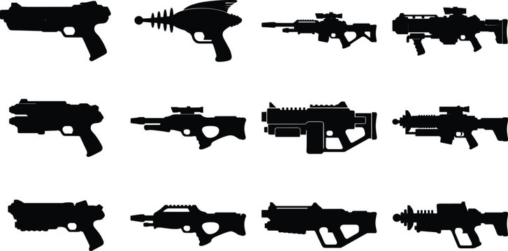 Black sci-fi weapon and futuristic blaster vector silhouette bundle featuring retro ray guns and space rifles