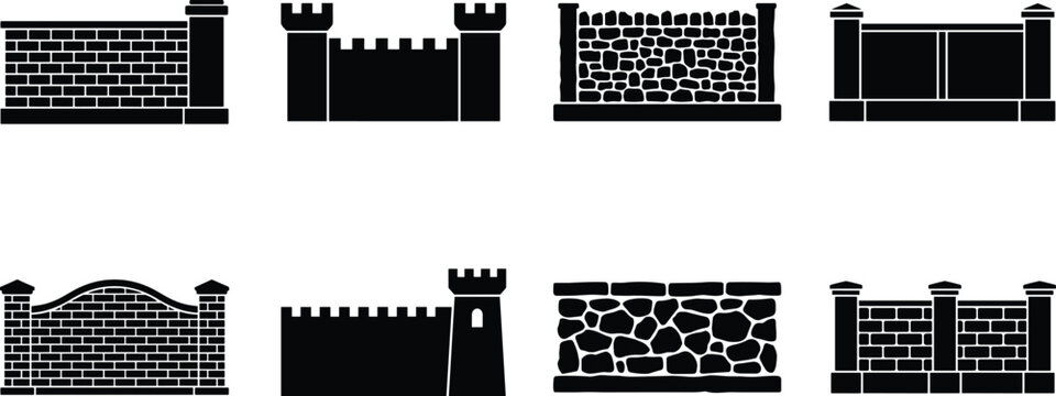 Black stone, brick, and castle wall vector silhouette bundle for property boundary and fortress design