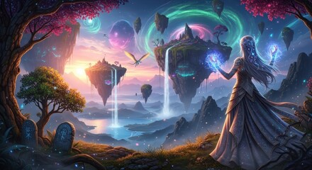 Fototapeta premium A mystical sorceress conjures magic amidst a breathtaking fantasy landscape of floating islands and ethereal waterfalls at sunset.