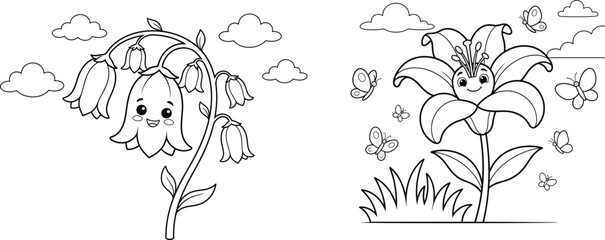 Fototapeta premium Cute Bell Flowers and Lily with Butterflies Coloring Page for Kids Illustration Set