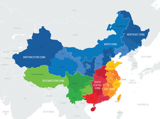 Fototapeta premium Map of China economic region with administrative divisions into provinces and borders of east asian countries, color vector illustration on white background