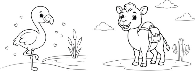 Fototapeta premium Cute Cartoon Flamingo and Backpack Camel Coloring Page Illustration for Kids Learning