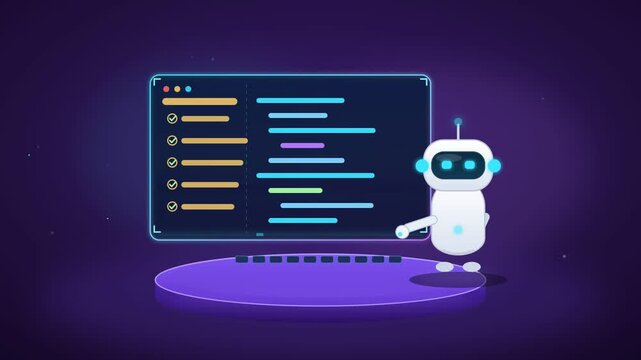 AI Robot Coding 4K Animation with Holographic Programming Screen and Futuristic Technology Interface
